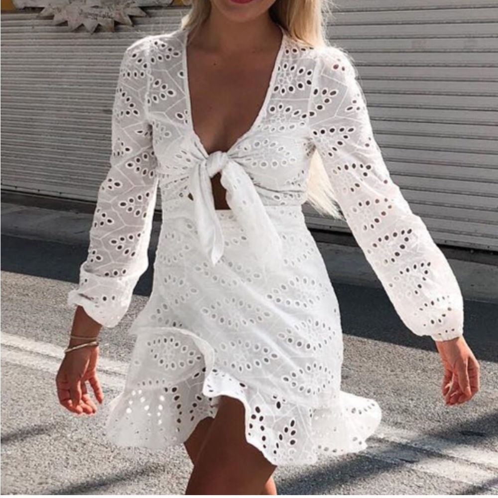 Long Sleeve Eyelet Ruffle Hem Cut-Out Dress- Size L/XL
